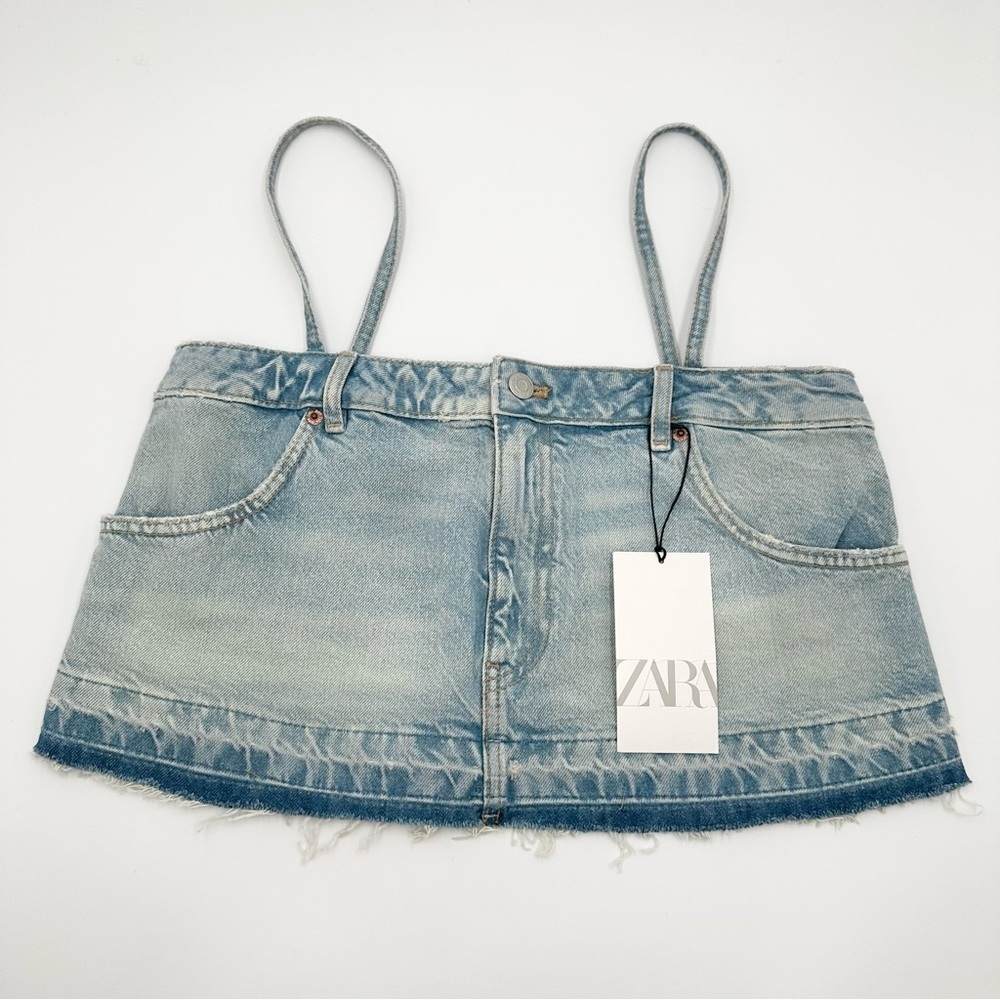 Zara Denim Jean Cropped Top Spaghetti Strap Blue Wash